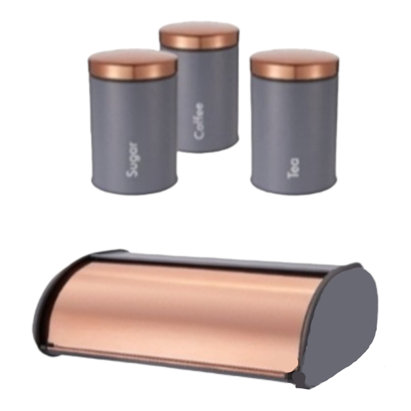 Distoplan Matte Grey Bread Bin with Rose Gold lid &amp; 3 Piece Canister