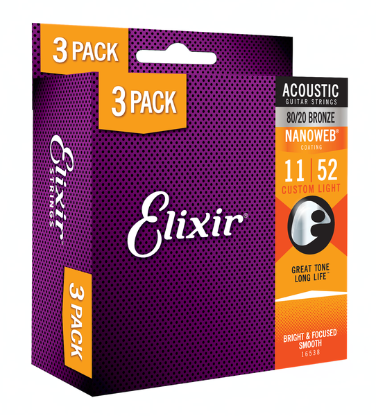 Elixir 16538 Nanoweb 80/20 Bronze Acoustic 11-52 Three Pack