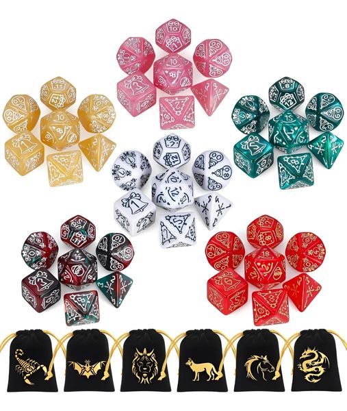 Holiday Polyhedral Dice Set 42 Pieces with Festive Designs &amp; Velvet Bags