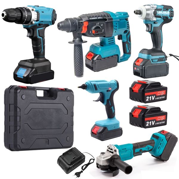 21V Cordless Hammer Drill, Impact Wrench, Grinder, Drill, Heat Gun &amp; Case