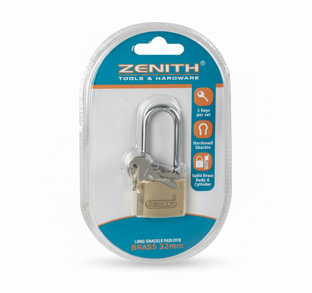 Zenith Brass Padlock with 32mm Long Shackle for Gates and Lockers