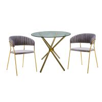 Round Glass Table with 2 Modern Velvet and Gold Metal Dining Chairs