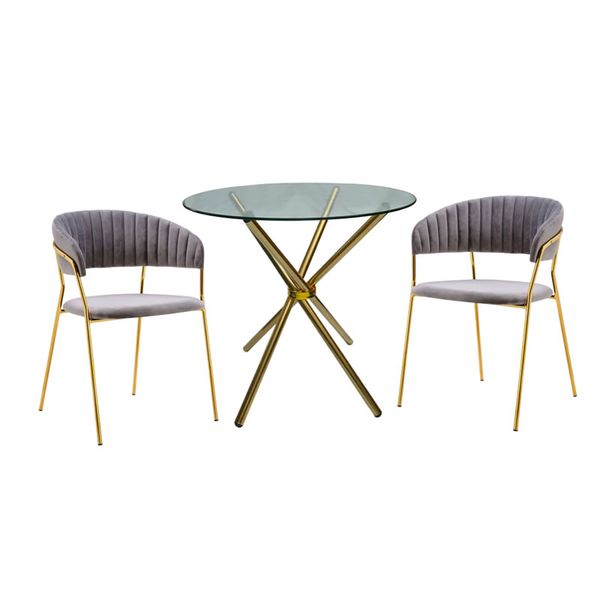 Round Glass Table with 2 Modern Velvet and Gold Metal Dining Chairs