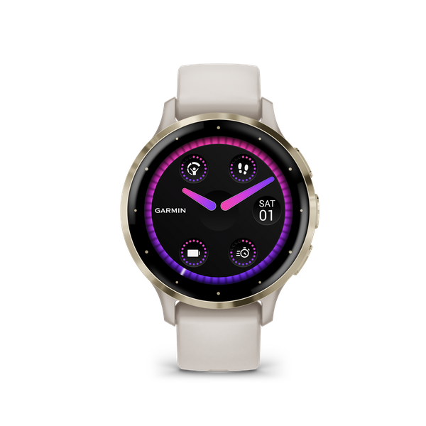 Garmin Venu 3S: Soft Gold Stainless Steel Bezel with Ivory Case and Silicone Band