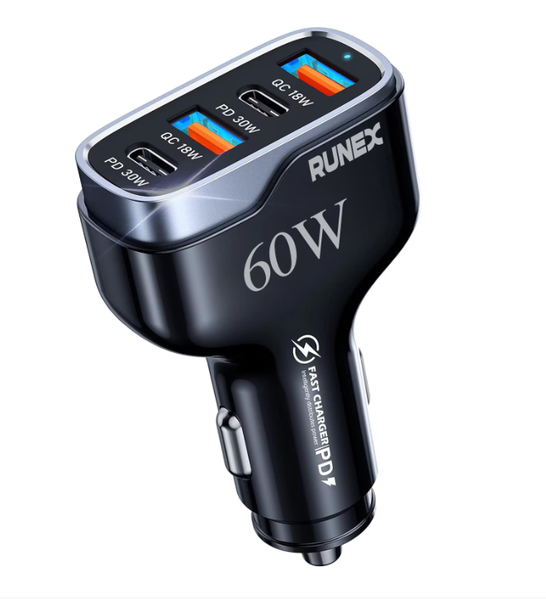 Rapid Car Charger, Four Ports 60W, Supports PD Fast Charging