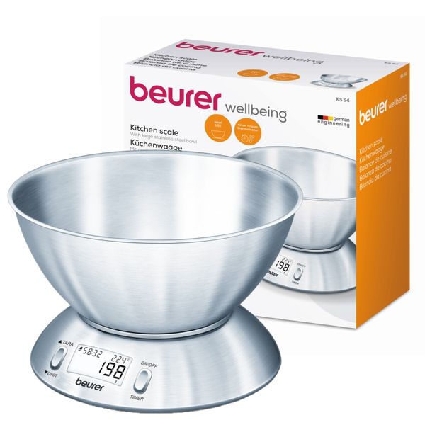 Beurer Kitchen Scale: Stainless-Steel Bowl, Timer &amp; Room Thermometer KS 54