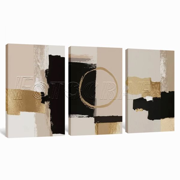 Canvas Art - 3 Piece Abstract Beige Gold Black Pattern Canvas Wall Art