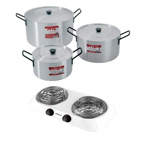 Oli - Emeried Finish Stewpot Set(7,12, 21L) - 6 Piece with Hotplate - White