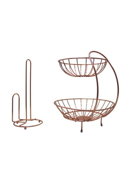 Stainless Steel 2 Tier Fruit Basket and Towel Holder -Gold