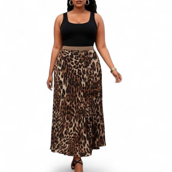 Elastic Waist Casual Leopard Print Pleated Skirt