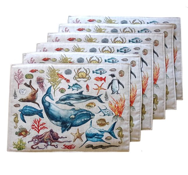 Vintage Ocean 2 - All Creatures Animal Fabric Placemats 40x30cm - Set of 6