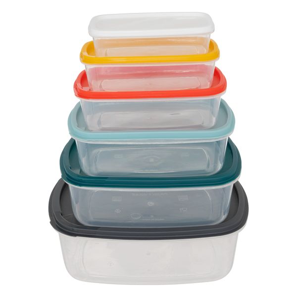 Plastic Food Storage Containers Rectangular 6 Piece Set with Multicolor Lids