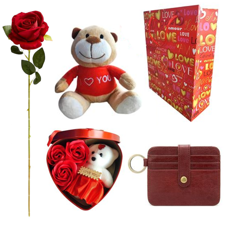 Valentine Gift - Genuine Leather Card Holder Teddy Bear Artificial Rose