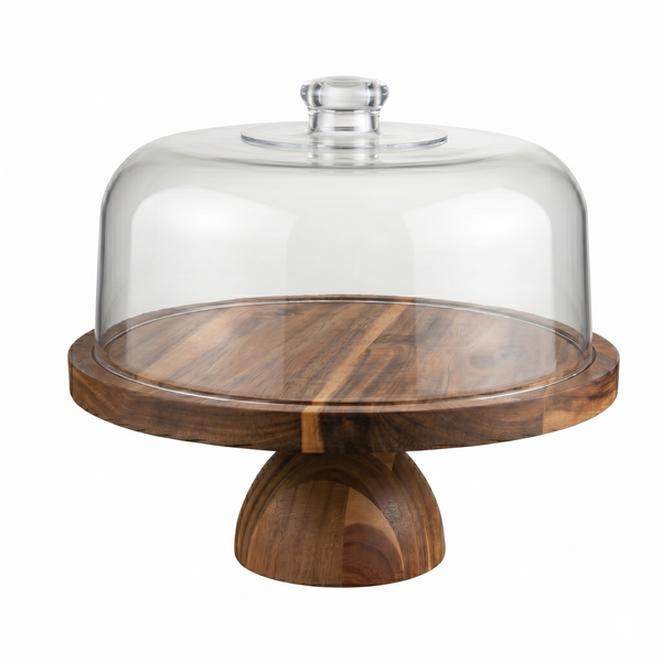 30.5 Cm Acacia Wood Cake Stand with Shatterproof Acrylic Dome