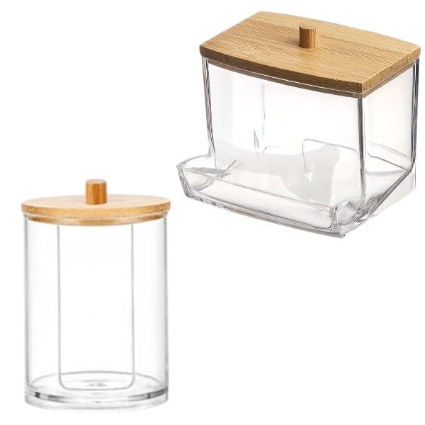 2 Piece Acrylic Cotton Bud &amp; Cotton Pad Holder With Bamboo Lid -Transparent