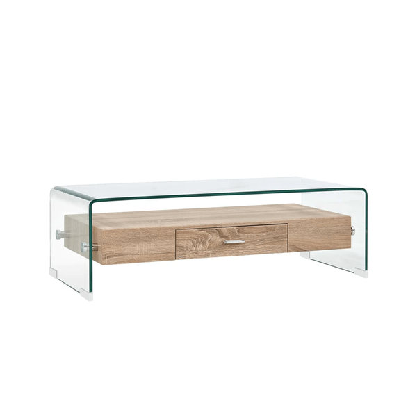 Modern Contemporary Bent 12mm Tempered Glass Coffee Table with Drawer