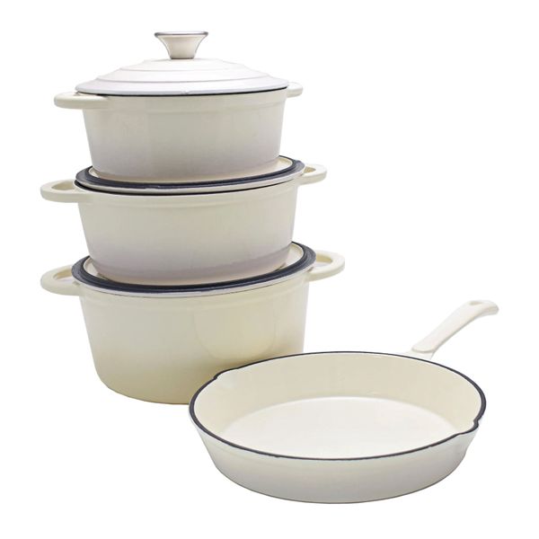 Delica 7 Piece Authentic Cast Iron Dutch Oven Cookware Pot Set - Ivory