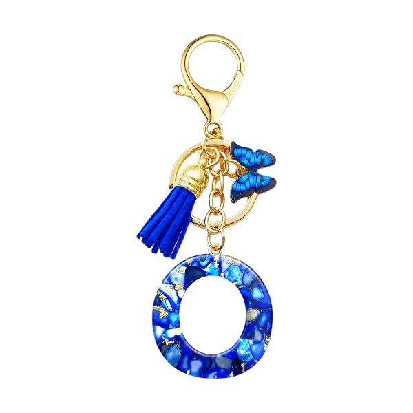 Resin 'O' Keychain With Butterfly Charm &amp; Tassel - Blue &amp; Gold