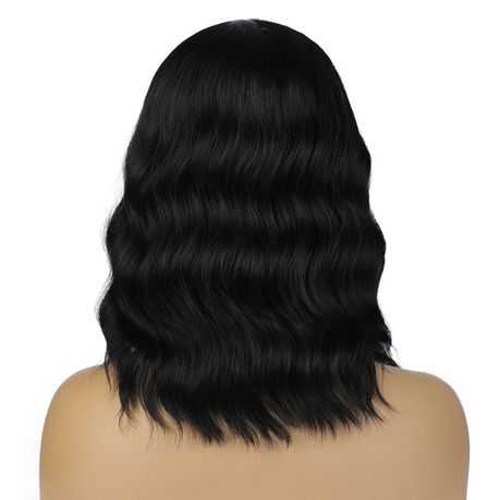 15 Inch Black Wavy Synthetic Middle Part Short Bob Wig For Women