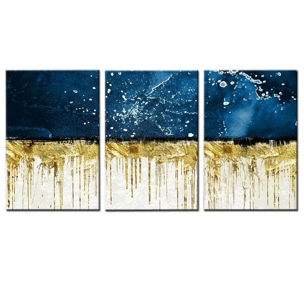Canvas-Art- 3 Pieces Blue &amp; Sage Gold Foil Abstract Wall Art