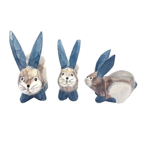 Wooden Crouching Rabbits - 3 Piece Blue