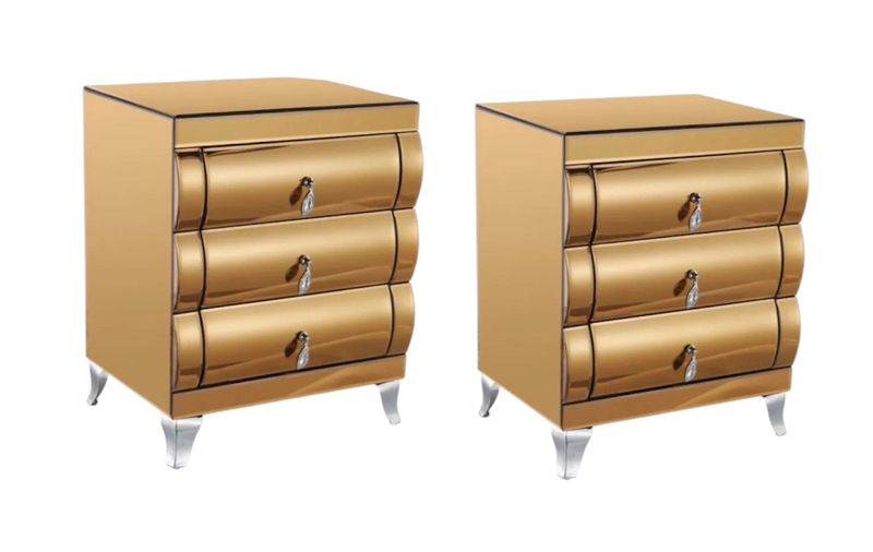 Set of 2 Mirror Gold Glass Bedside Pedestal