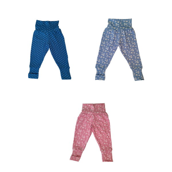Baby Toddler Pants 3x Fold Over Cuffs-Blue Polka Dots, Pink &amp; Blue Flowers