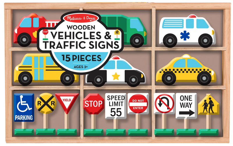 Melissa &amp; Doug Wooden Vehicles &amp; Traffic Signs (15 Piece)