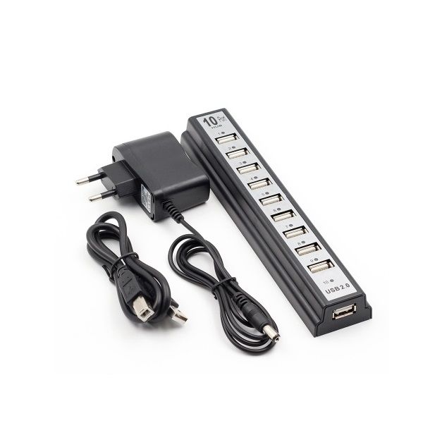10 Ports USB 2.0 Adapter Hub with Charger &amp; Printer Cable