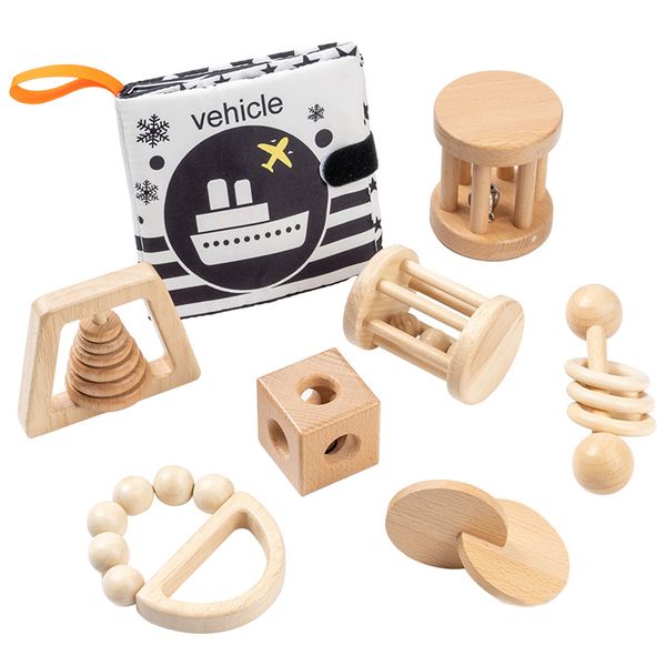 8 Pieces Wooden Baby Toy, Montessori Rattles Set Toys for Infant Grasping