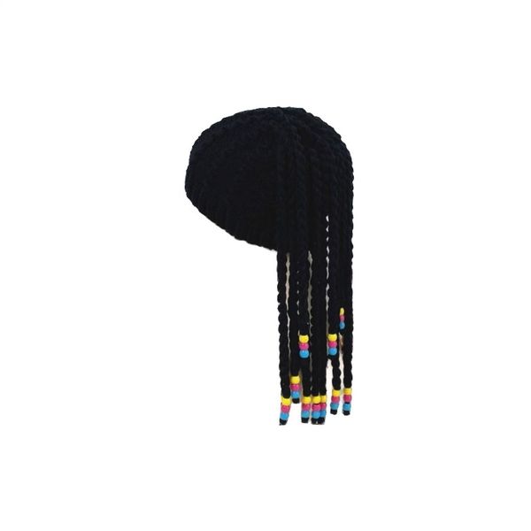 Black Braided Hat with Tassels - Colorful Barrel Beads