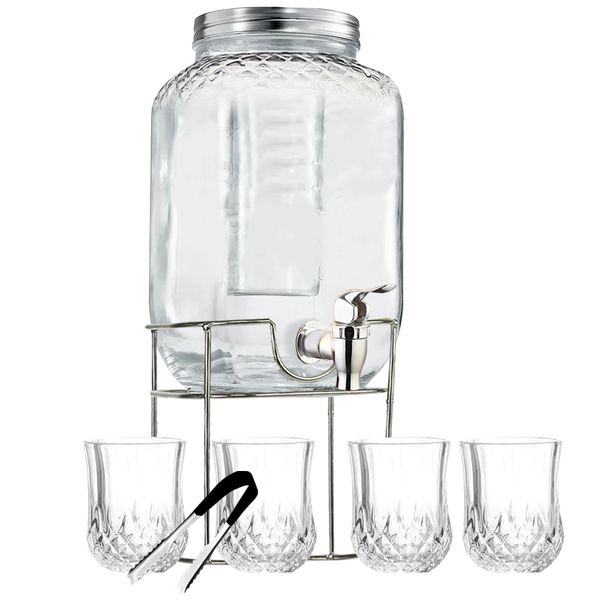 Glass Juice Dispenser Jar set with Ice Cube Tongs - 4000ml - Set of 7