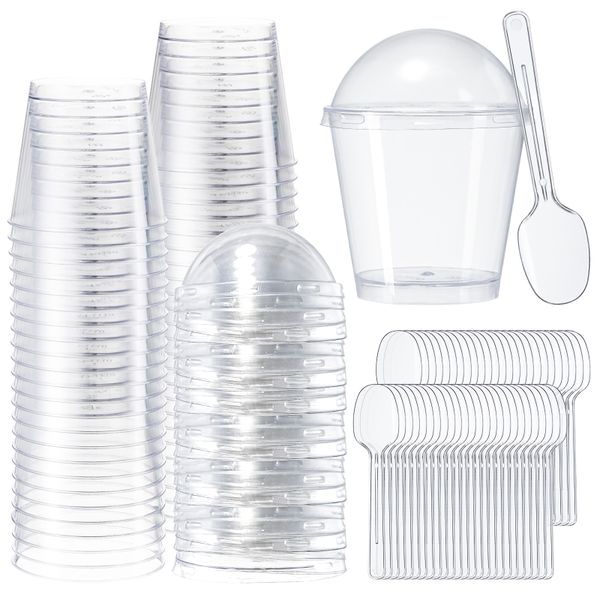 Chenshia 150Pc 170ml No Hole Clear Plastic Dessert Cups Dome Lids &amp; Spoons