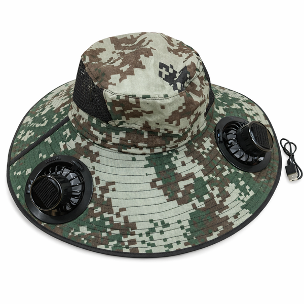 Wide-Brim Comouflage Hat with USB and Solar Charging Cooling Fan