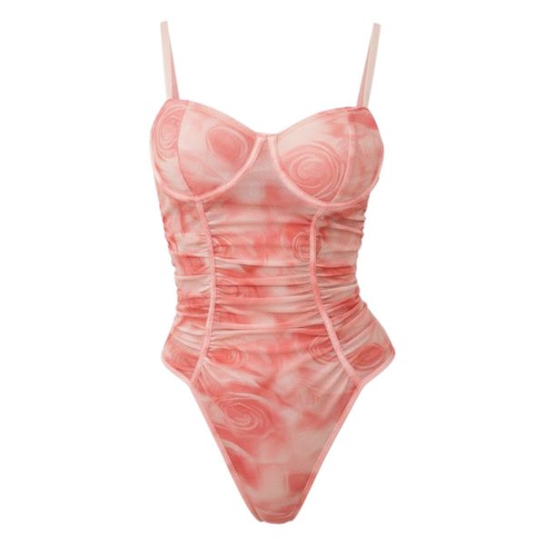 Mesh Ruched One-Piece Swimsuit with Bustier Fit - Pink