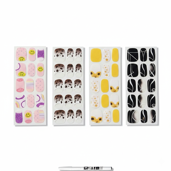 4-Pack Professional Gel Nail Wraps Mixed Stylish Designs With ReVibe Pen