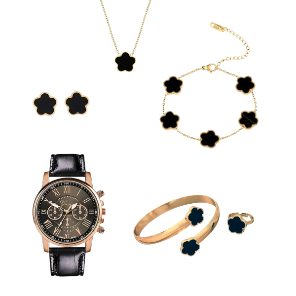 Elegant Black Clover Watch And Jewelry Set for Kids - Gold