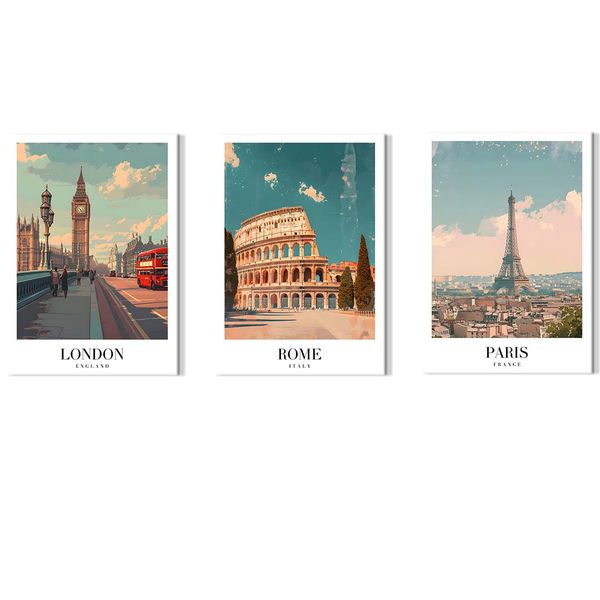 Canvas-Art-3 Pieces Chic Travel Paris , Rome &amp; London Cities Wall Art