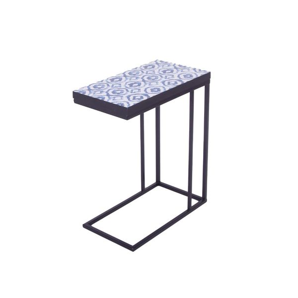 Couch Desk Side Table - Blue Flower Pattern Top with Black Steel Legs