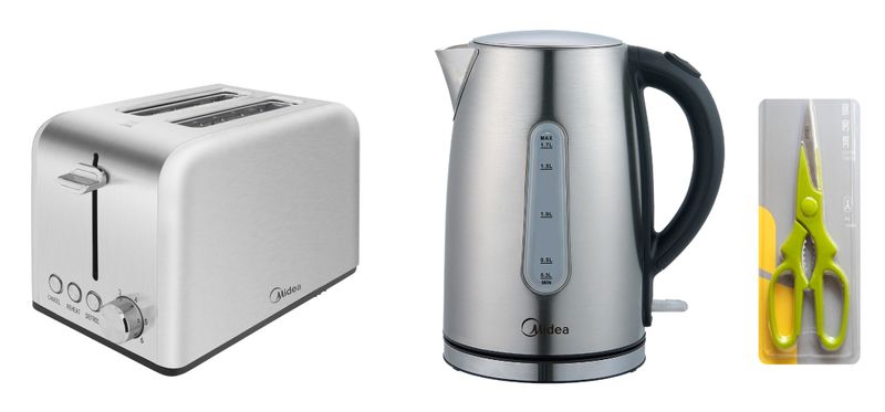 Midea Brushed Steel Toaster &amp; Kettle with Kitchen Shears Breakfast Combo