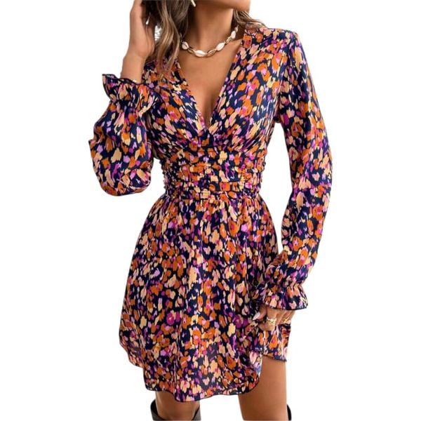 Spring &amp; Summer V-Neck Long Sleeve Dress Muilticolor