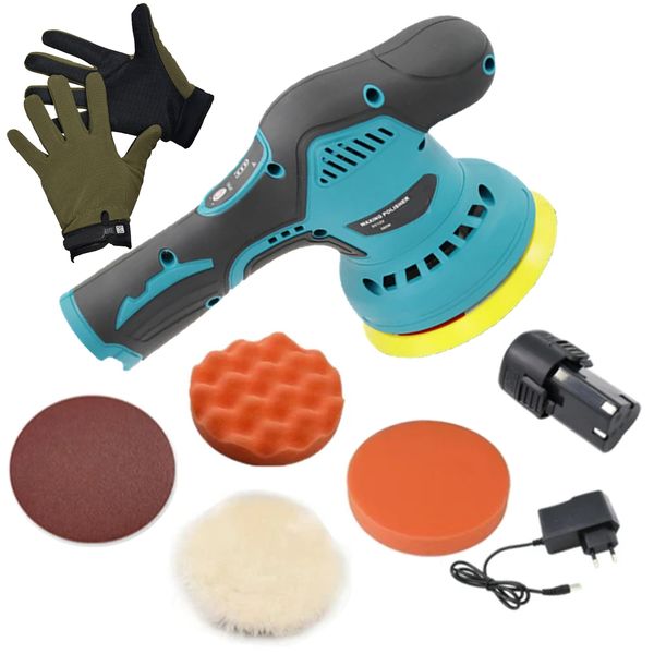 8 Speed Cordless Wax Buff &amp; Polish Machine With 1 Battery, 4 Pads &amp; Gloves