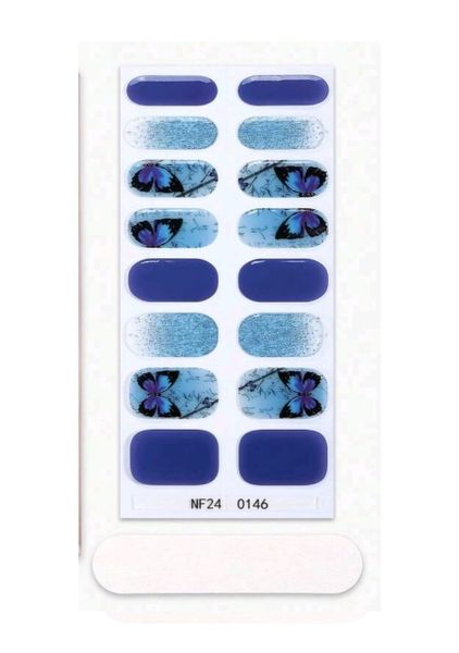 16-Piece Semi-Cured Gel Nail Wraps -Celadon Blue Butterfly &amp; Glitter Design