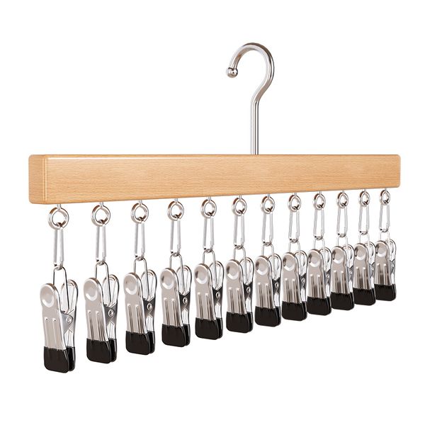 1pc Multifunctional Wooden Hanger with 12 Hooks, 360 Degree Rotating Hooks