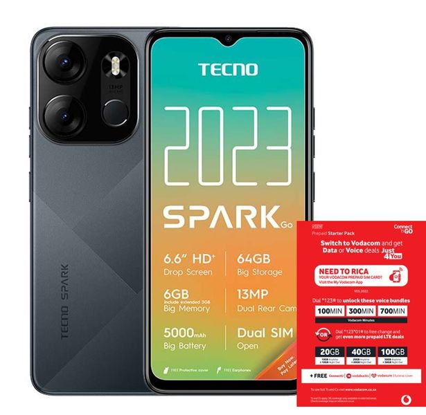 TECNO Spark GO 2023 64GB Dual Sim - Endless Black + Vodacom SIM Card Pack