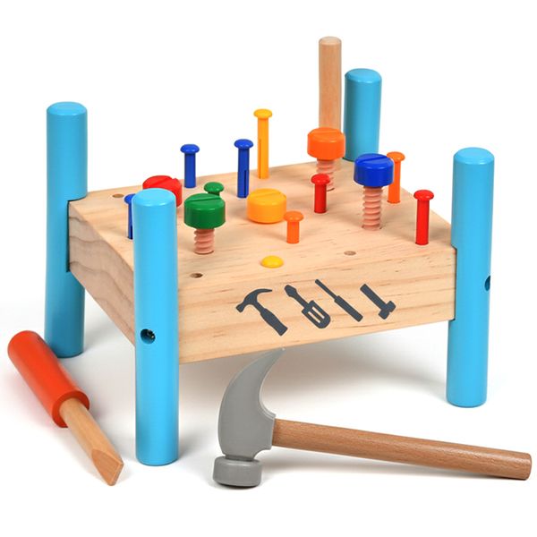 Wooden Children Toys Hammering Bench with Colorful Nails and Tools