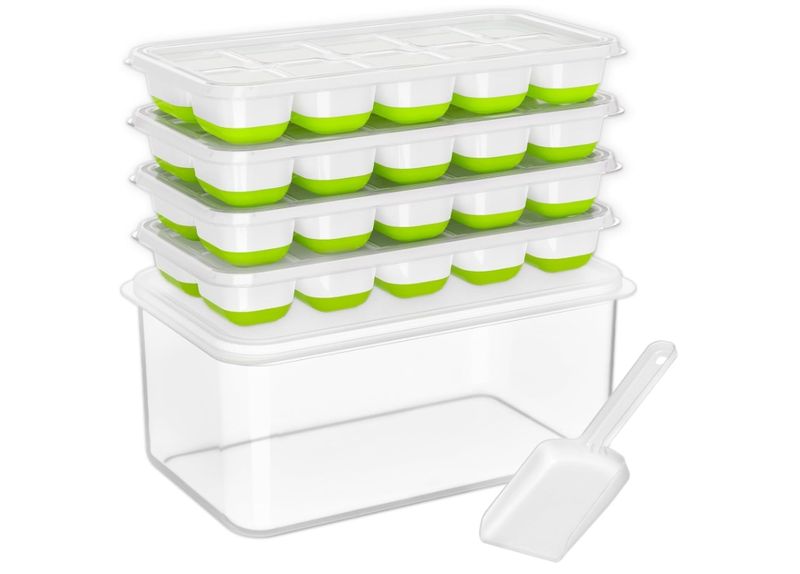 Ice Cube Tray with Lid and Bin, 4 Pack Silicone Plastic Ice Cubes Trays for