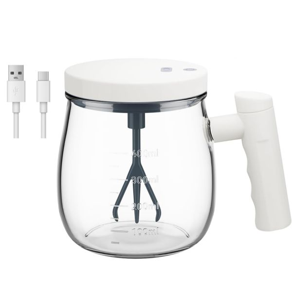 Electric Mixing Mug, High Speed Self Stirring Coffee Mug wth Lid - White