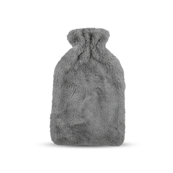 2L Grey Hot Water Bottle with Plush Fur Cover &amp; Hand Pockets