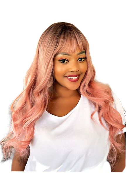 Synthetic 28Inch Wavy Wig with Fringe - Ombre Pink